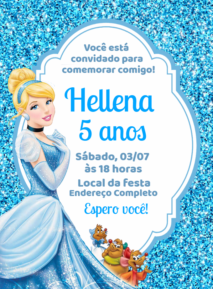 Convite Aniversário Cinderela com Glitter para Editar Online Convite Aniversário Cinderela com Glitter para Editar Online