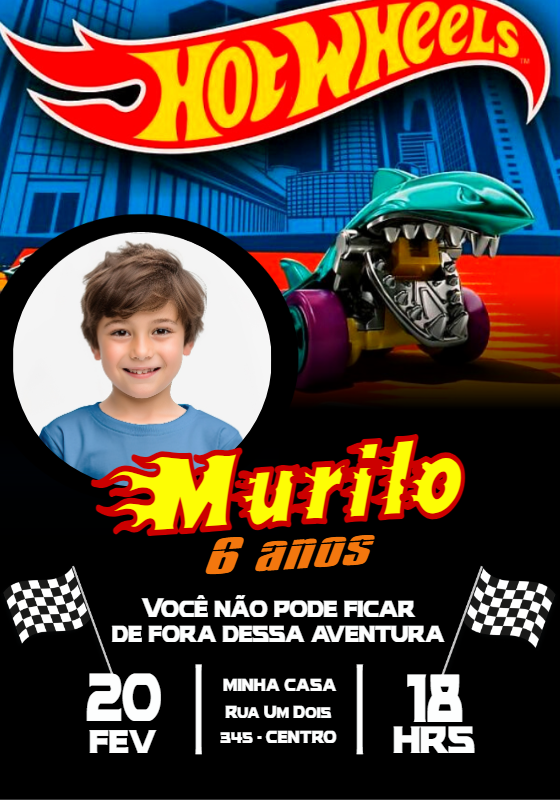 Convite de Aniversário Hot Wheels com Foto para Editar Online Convite de Aniversário Hot Wheels com Foto para Editar Online