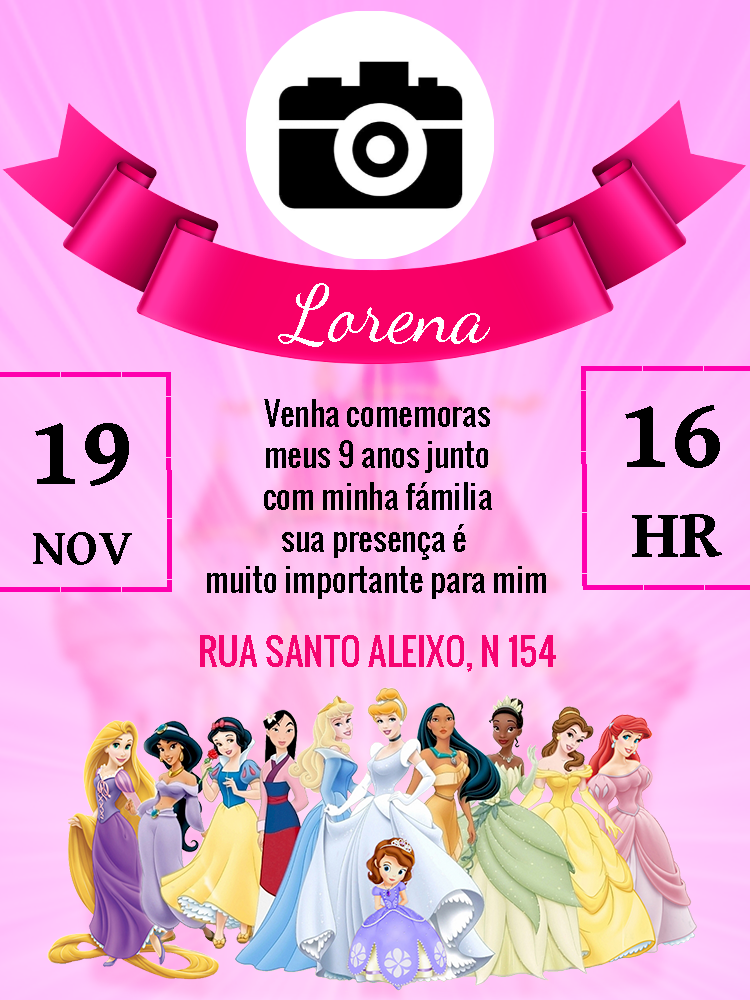 Convite Aniversário Princesas com Foto para Editar Online Convite Aniversário Princesas com Foto para Editar Online