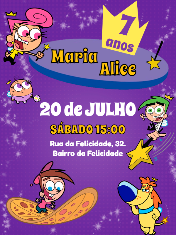 Convite de Aniversário Padrinhos Mágicos para Editar Online Convite de Aniversário Padrinhos Mágicos para Editar Online