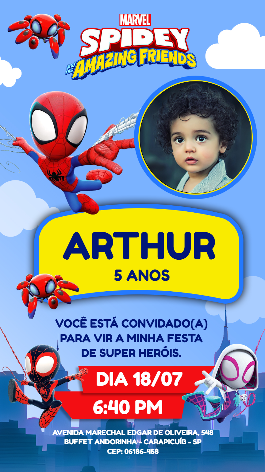 Convite Aniversário Spidey com Foto para Editar Online