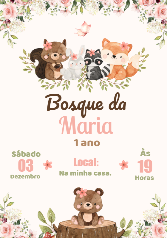 Convite Aniversário Bosque Encantado com Animais para Editar Convite Aniversário Bosque Encantado com Animais para Editar