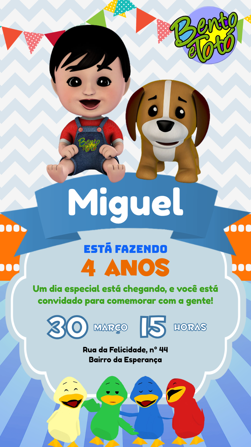 Convite de Aniversário Bento e Totó para Editar Online Convite de Aniversário Bento e Totó para Editar Online