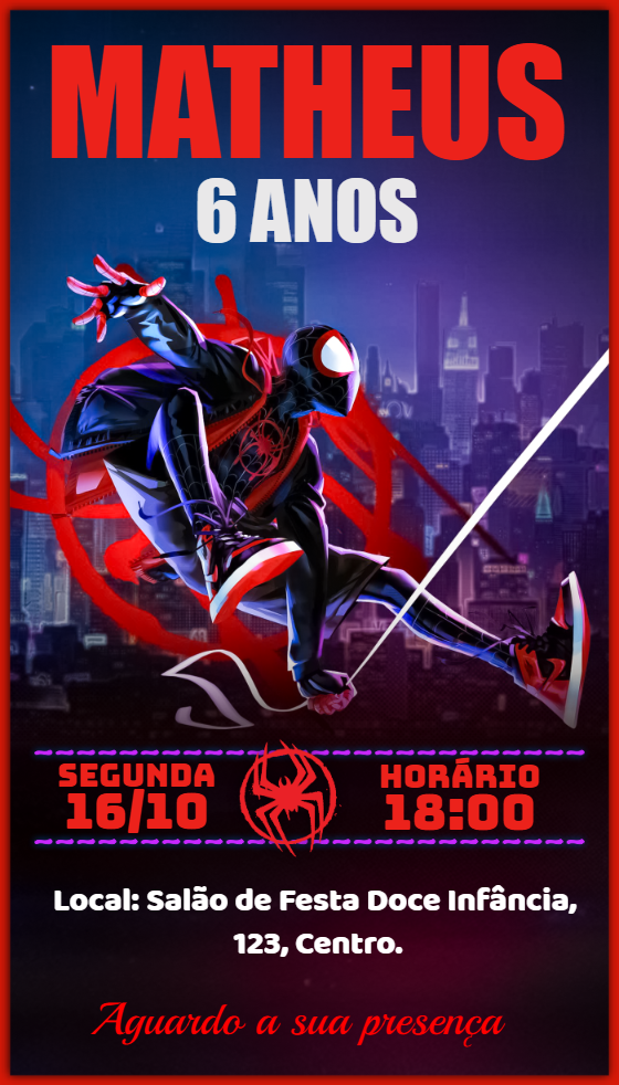 Convite Aniversário Homem Aranha Aranhaverso para Editar Online