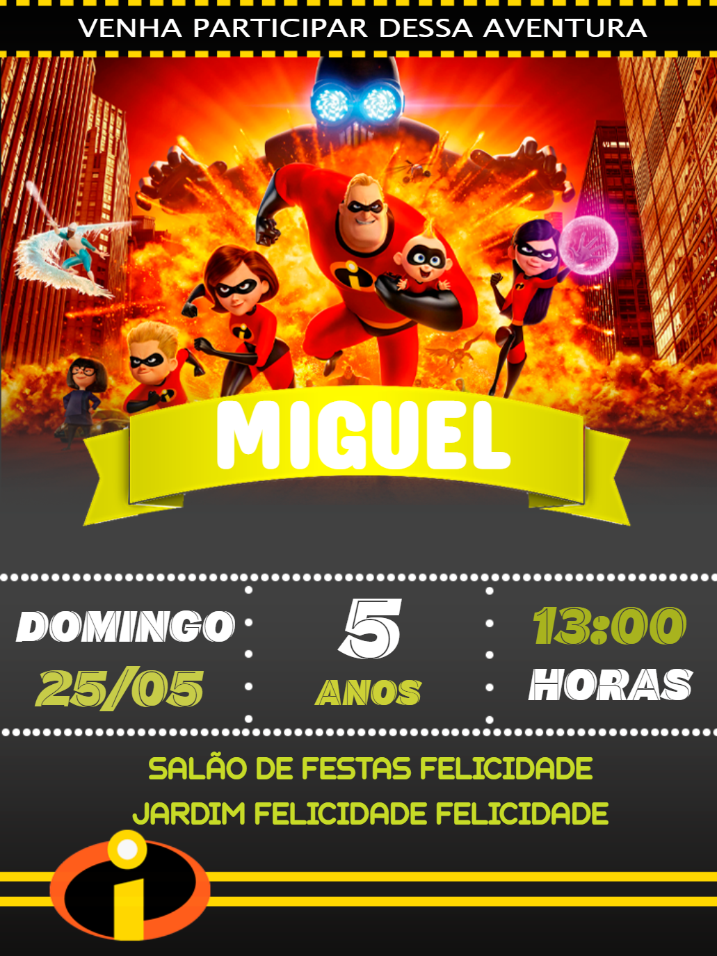 Convite de Aniversário Os Incríveis com Personagens para Editar Convite de Aniversário Os Incríveis com Personagens para Editar