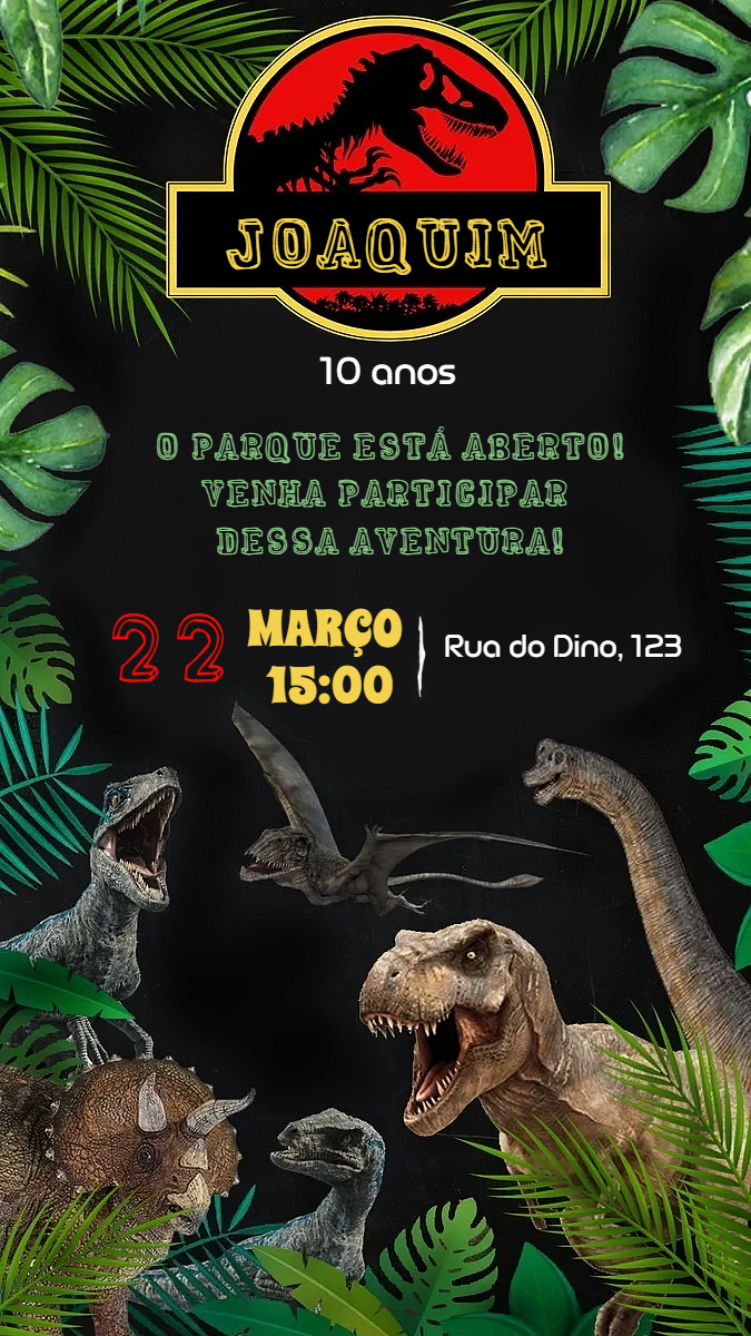 Convite de Aniversário Dinossauros Jurassic para Editar Online Convite de Aniversário Dinossauros Jurassic para Editar Online