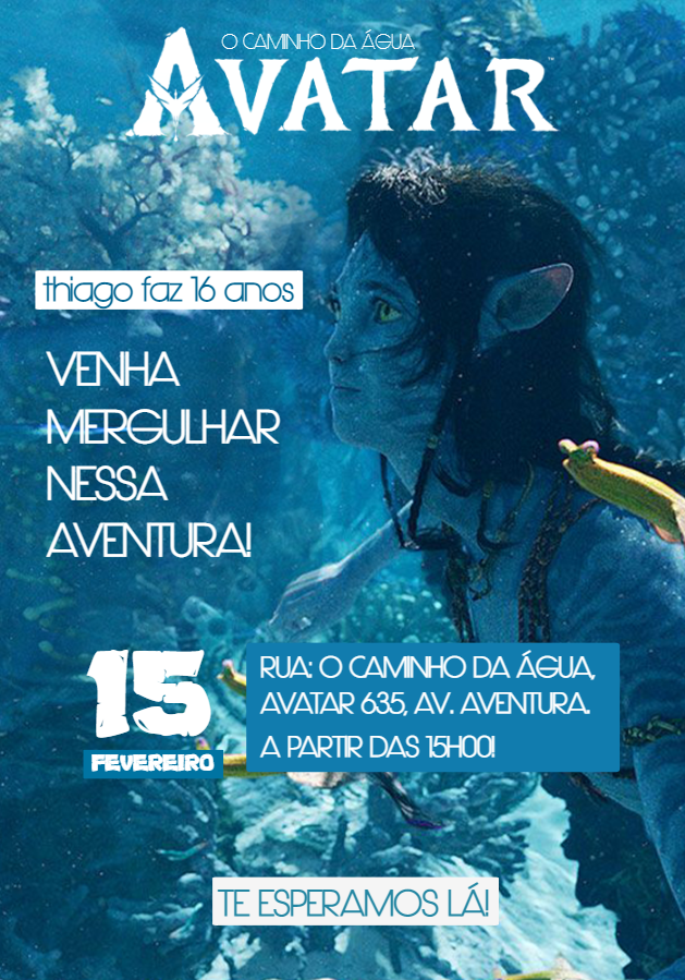 Convite de Aniversário Avatar Caminho da Água para Editar Online Convite de Aniversário Avatar Caminho da Água para Editar Online