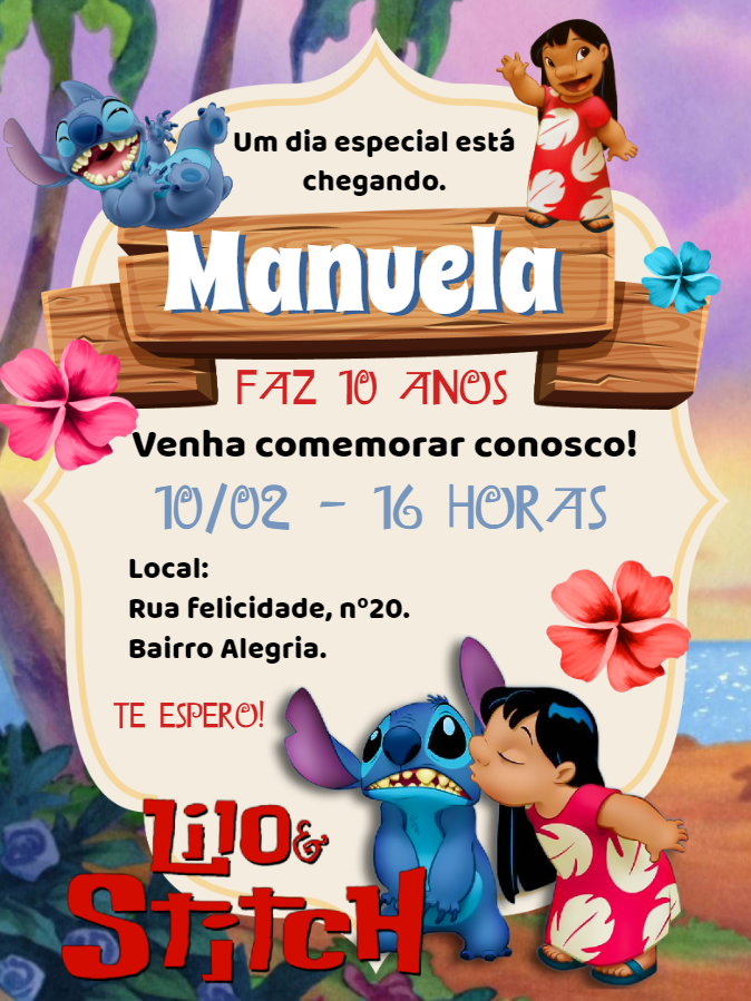 Convite de Aniversário Lilo & Stitch para Editar Online Convite de Aniversário Lilo & Stitch para Editar Online