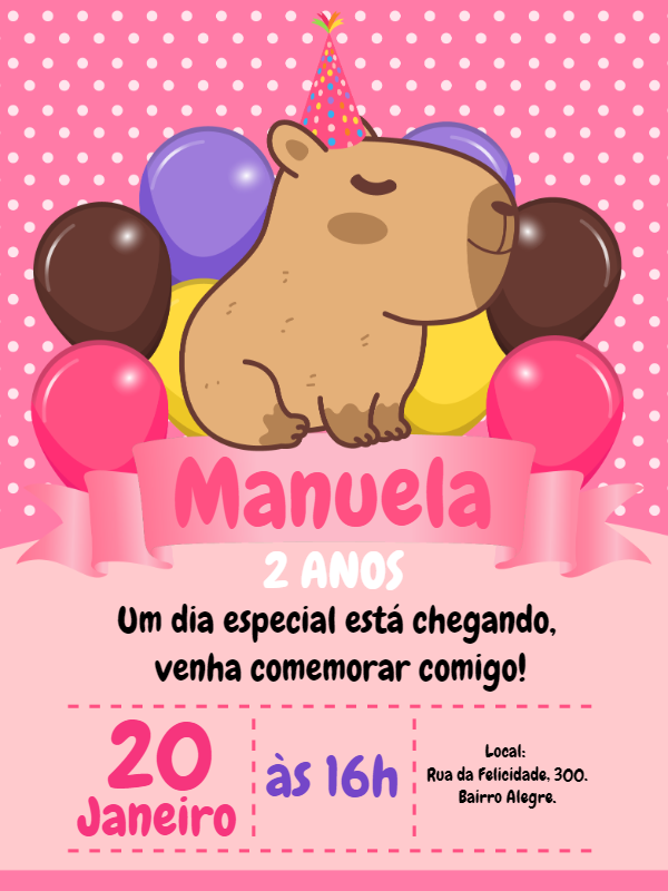Convite Aniversário Capivara Rosa para Editar Online Convite Aniversário Capivara Rosa para Editar Online