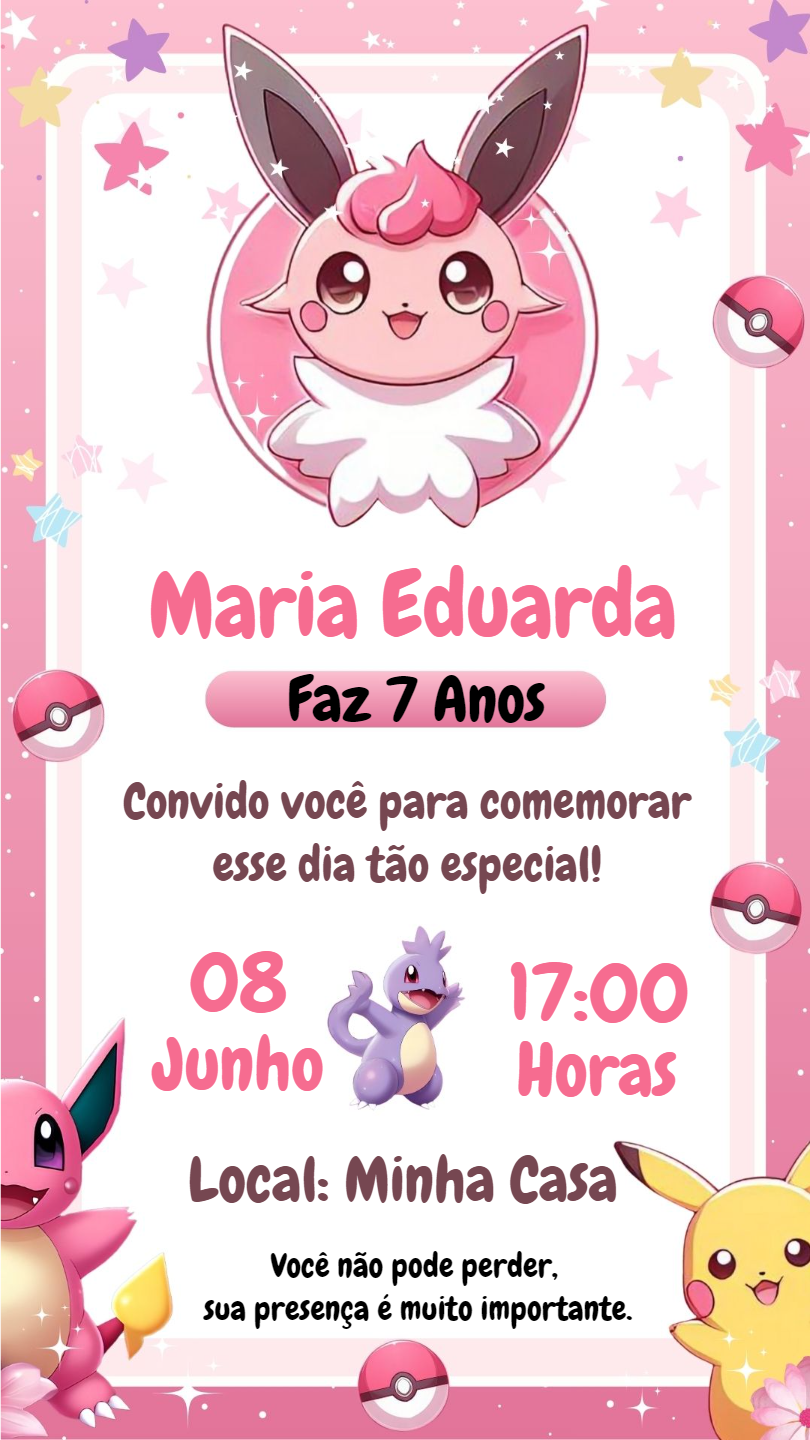 Convite Aniversário Pokémon Rosa para Menina para Editar Online Convite Aniversário Pokémon Rosa para Menina para Editar Online