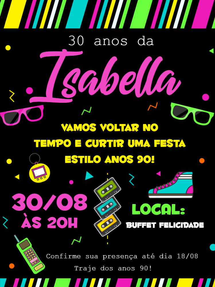 Convite Aniversário Anos 90 Neon para Editar Online Convite Aniversário Anos 90 Neon para Editar Online