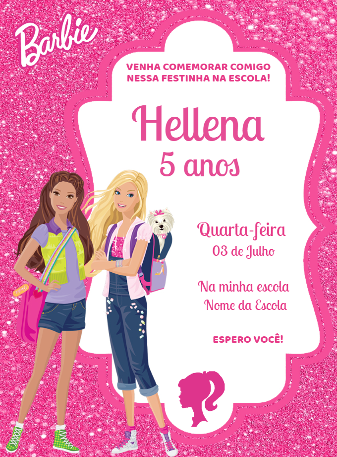 Convite Aniversário Barbie Escola para Editar Online Convite Aniversário Barbie Escola para Editar Online
