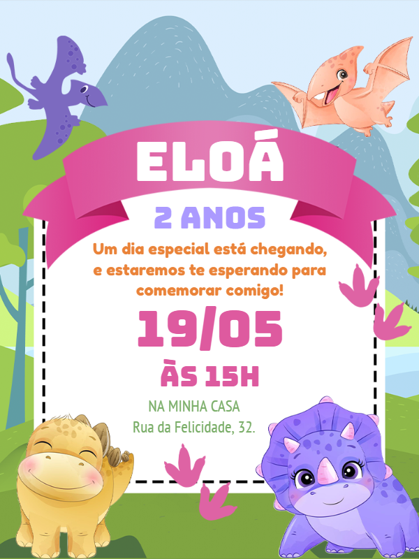 Convite Aniversário Dinossauro Menina para Editar Online Convite Aniversário Dinossauro Menina para Editar Online