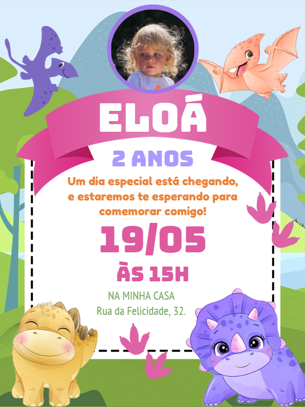 Convite Aniversário Dinossauro Baby Rosa com Foto para Editar