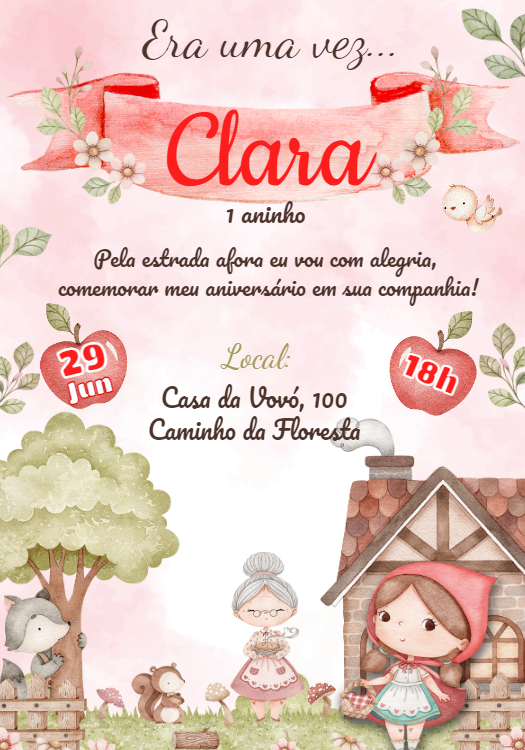 Convite Aniversário Chapéuzinho Vermelho Aquarela para Editar Convite Aniversário Chapéuzinho Vermelho Aquarela para Editar