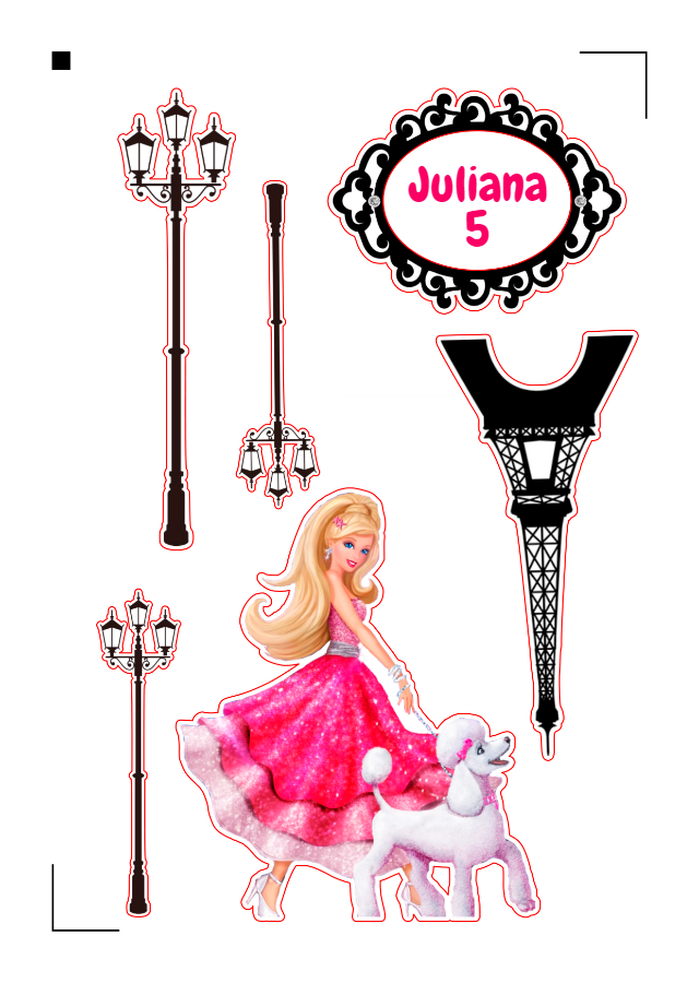 Topo de Bolo Barbie Paris com Elementos para Editar e Imprimir Topo de Bolo Barbie Paris com Elementos para Editar e Imprimir