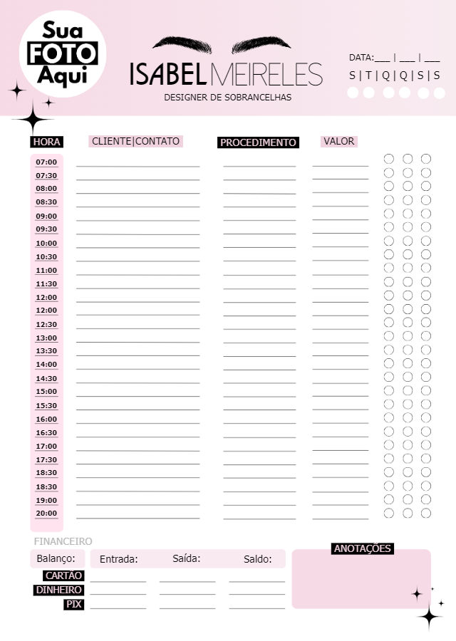 Agenda Diária para Designer de Sobrancelhas Editável Online Agenda Diária para Designer de Sobrancelhas Editável Online