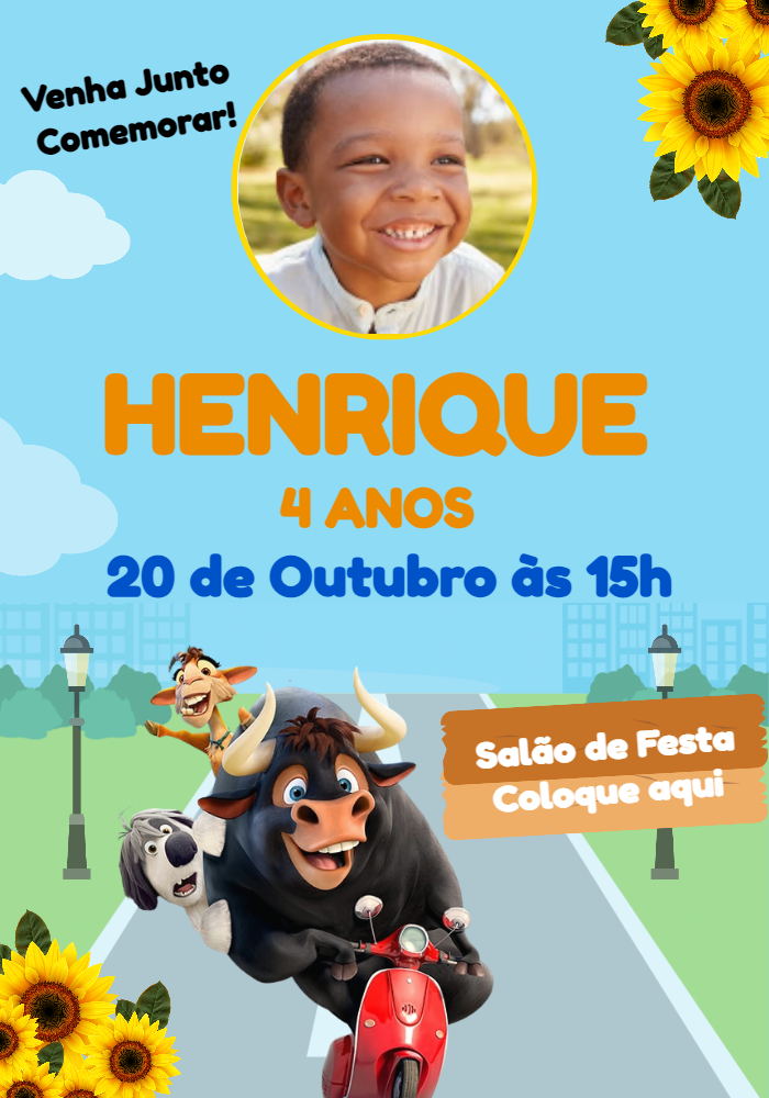 Convite Aniversário Touro Ferdinando com Foto para Editar Convite Aniversário Touro Ferdinando com Foto para Editar