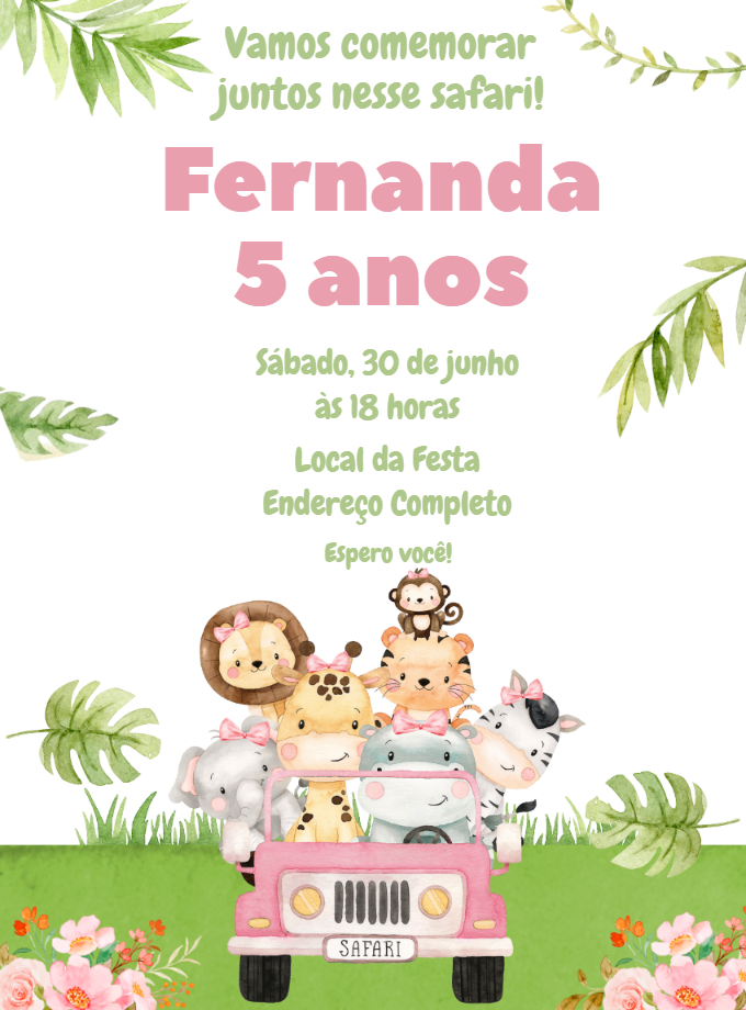 Convite de Aniversário Safari Rosa para Editar Online Convite de Aniversário Safari Rosa para Editar Online