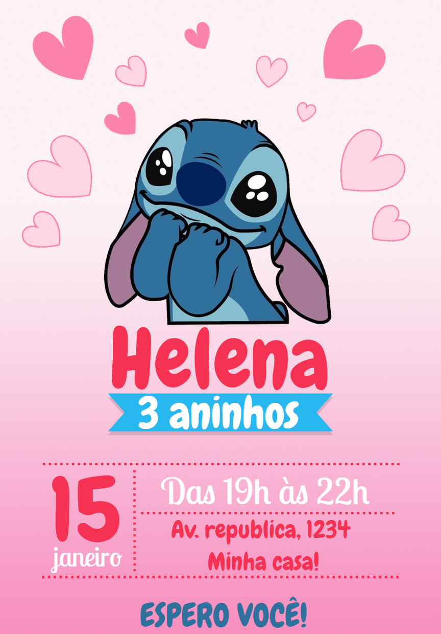 Convite de Aniversário Stitch Fofo para Editar Online Convite de Aniversário Stitch Fofo para Editar Online