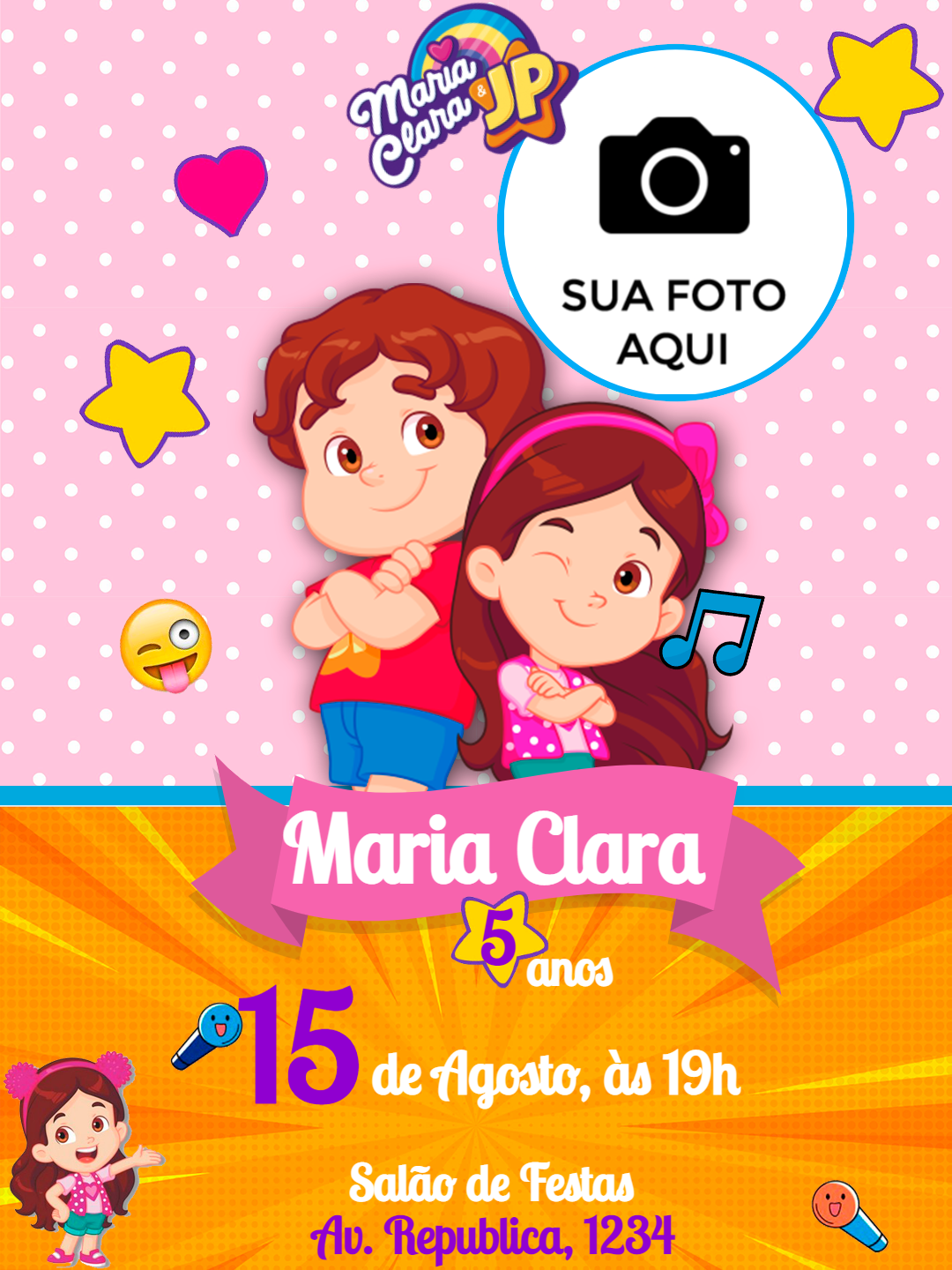 Convite Aniversário Maria Clara e JP com Foto para Editar Convite Aniversário Maria Clara e JP com Foto para Editar