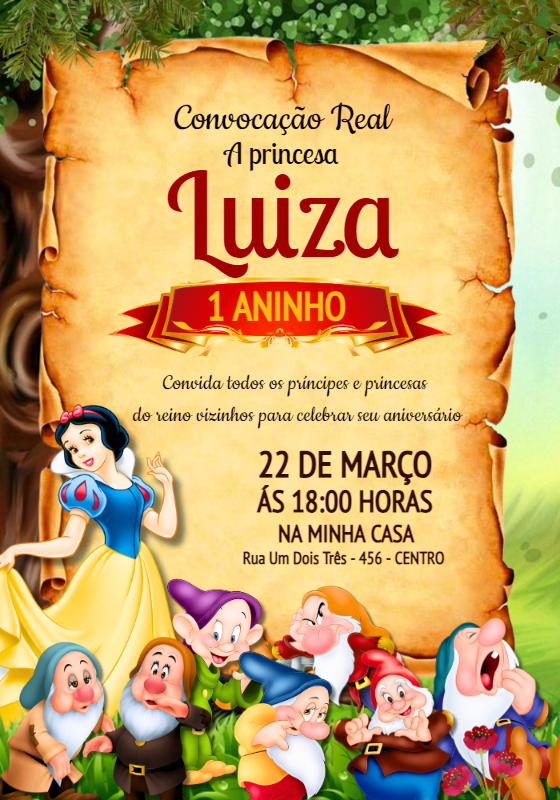 Convite Aniversário Branca de Neve e os Sete Anões para Editar Convite Aniversário Branca de Neve e os Sete Anões para Editar