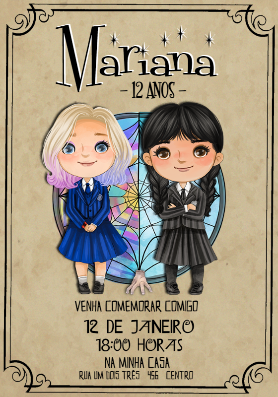 Convite de Aniversário Wandinha e Enid para Editar Online Convite de Aniversário Wandinha e Enid para Editar Online