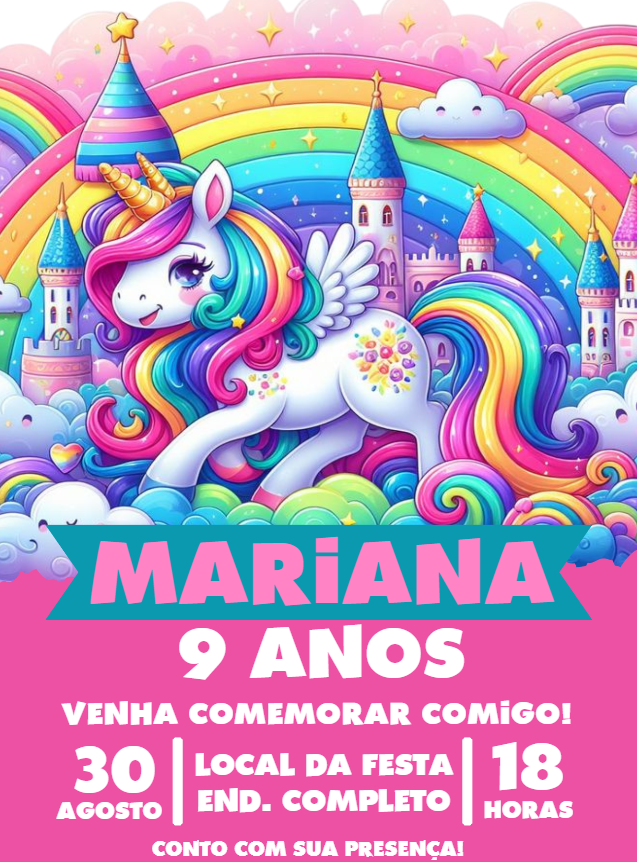 Convite Aniversário Unicórnio Mágico para Editar Online Convite Aniversário Unicórnio Mágico para Editar Online