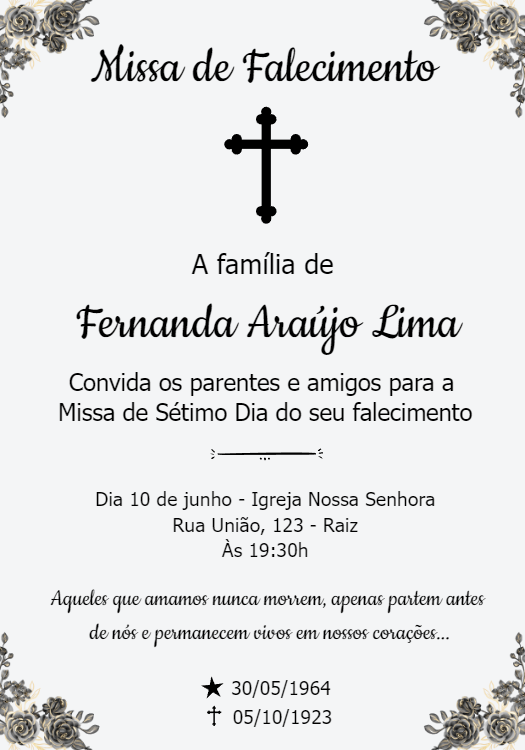 Convite Missa de Sétimo Dia Delicado para Editar Online Convite Missa de Sétimo Dia Delicado para Editar Online