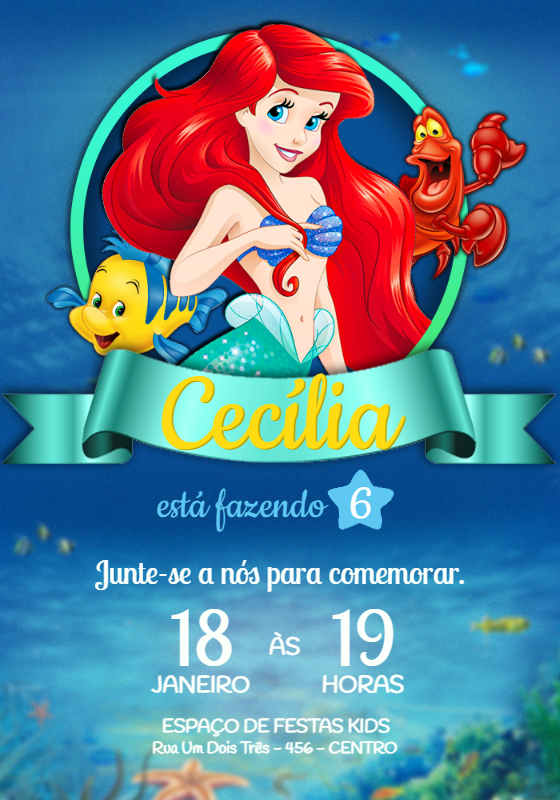 Convite Aniversário Ariel A Pequena Sereia para Editar Convite Aniversário Ariel A Pequena Sereia para Editar