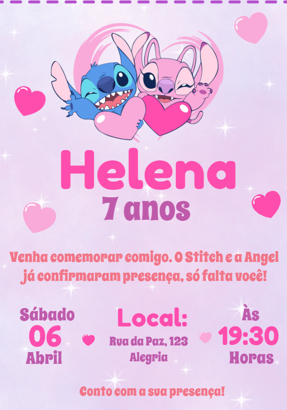 Convite de Aniversário Stitch e Angel para Editar Online Convite de Aniversário Stitch e Angel para Editar Online
