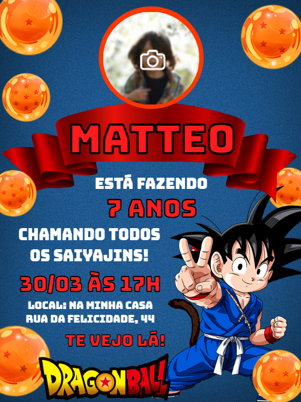 Convite Aniversário Dragon Ball com Foto para Editar Online