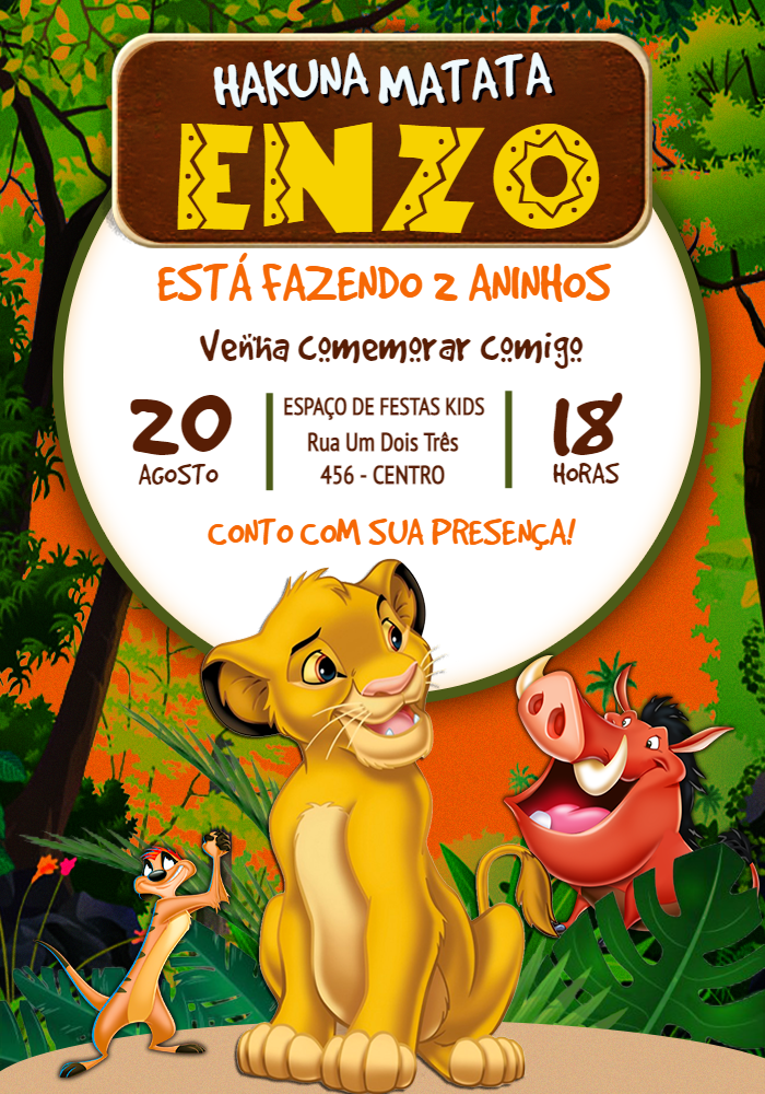 Convite de Aniversário O Rei Leão com Simba e Amigos para Editar Convite de Aniversário O Rei Leão com Simba e Amigos para Editar