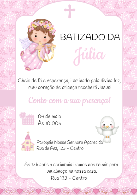 Convite Batizado Menina Anjinha Rosa para Editar Online Convite Batizado Menina Anjinha Rosa para Editar Online