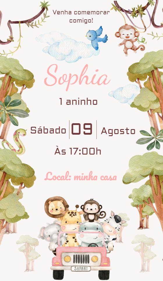 Convite de Aniversário Safari Rosa com Animais para Editar Online Convite de Aniversário Safari Rosa com Animais para Editar Online
