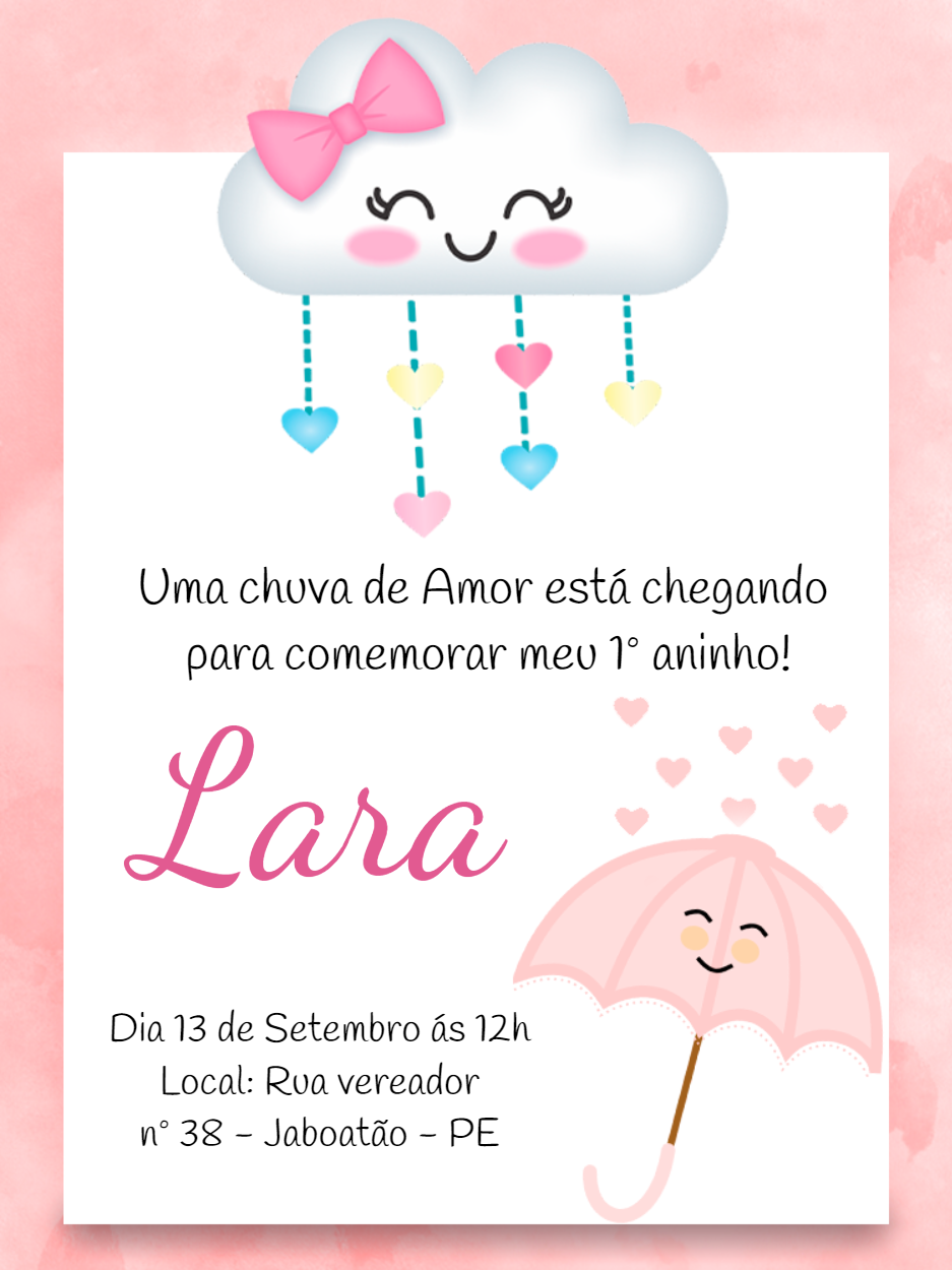 Convite de Aniversário Chuva de Amor para Editar Online