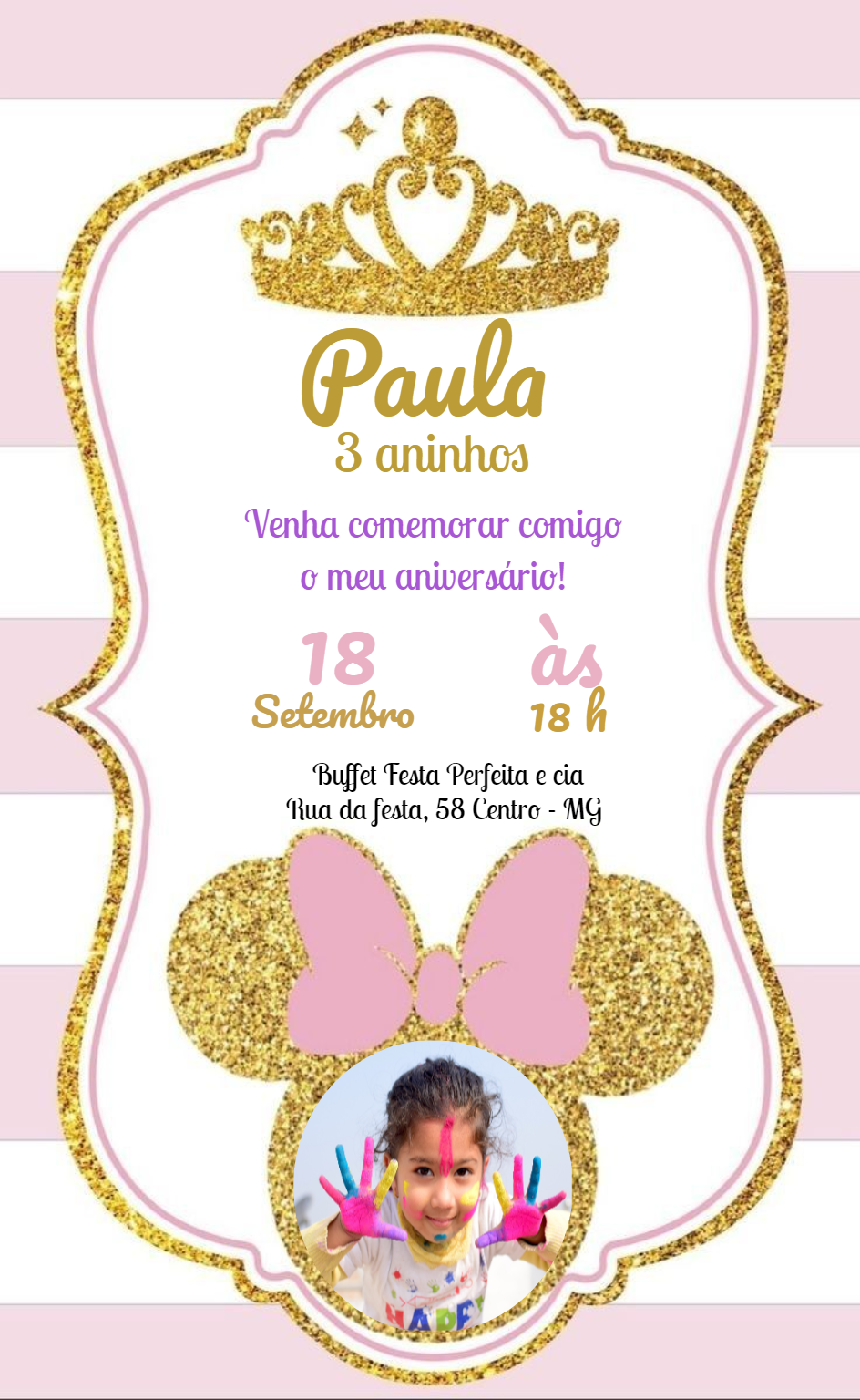 Convite Aniversário Minnie Princesa com Foto para Editar Online Convite Aniversário Minnie Princesa com Foto para Editar Online