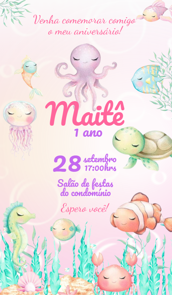 Convite Aniversário Fundo do Mar com Animais para Editar Online Convite Aniversário Fundo do Mar com Animais para Editar Online