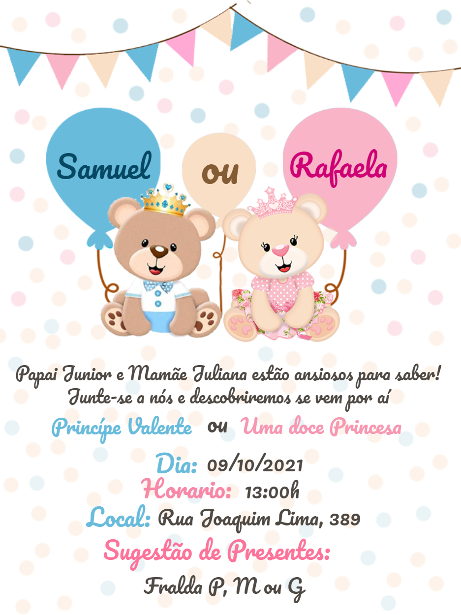 Convite Chá Revelação Ursinhos Príncipe e Princesa para Editar Convite Chá Revelação Ursinhos Príncipe e Princesa para Editar