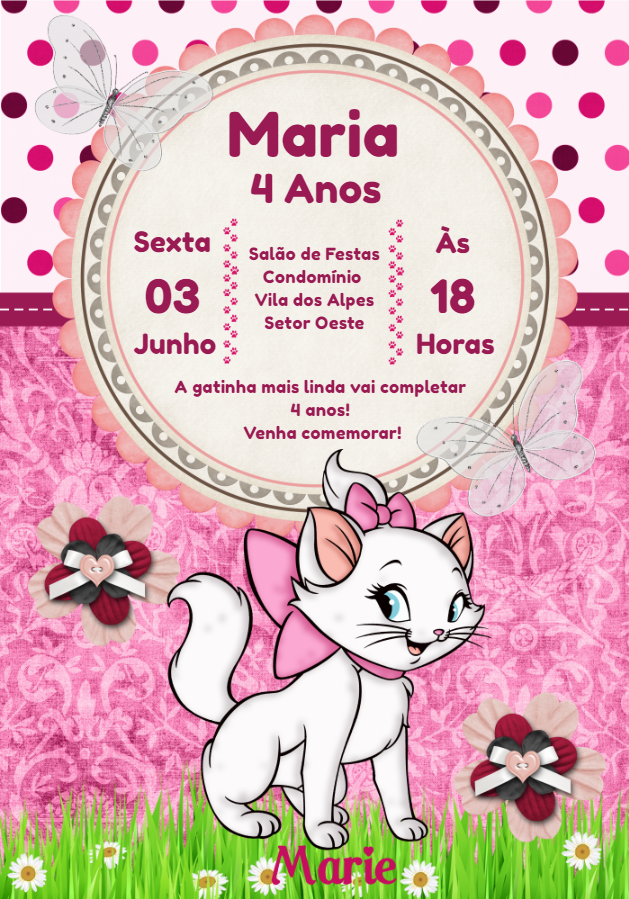 Convite Aniversário Gatinha Marie para Editar Online Convite Aniversário Gatinha Marie para Editar Online