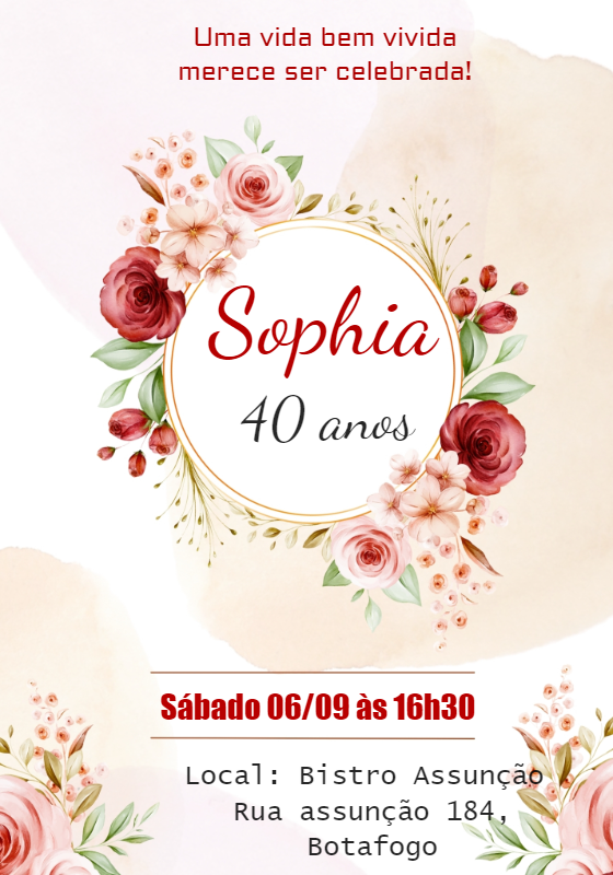 Convite Aniversário Adulto Floral Rosas Editável Online Convite Aniversário Adulto Floral Rosas Editável Online