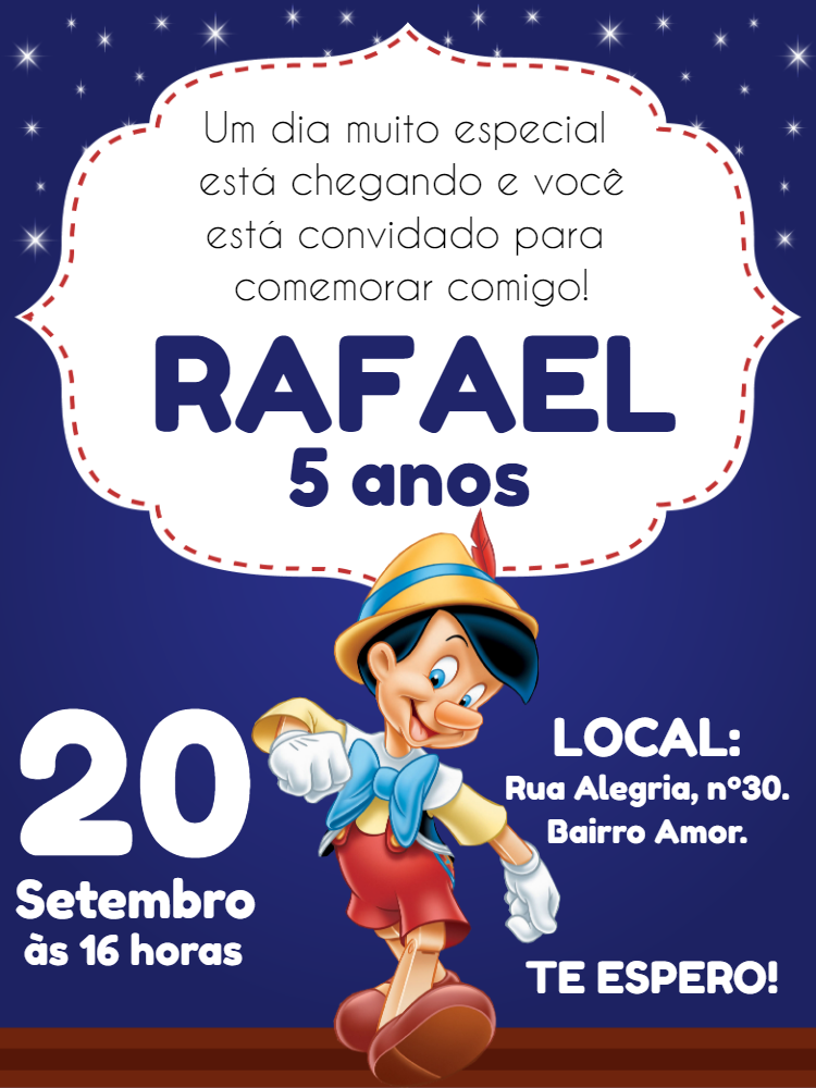 Convite de Aniversário Pinóquio para Editar Online Convite de Aniversário Pinóquio para Editar Online