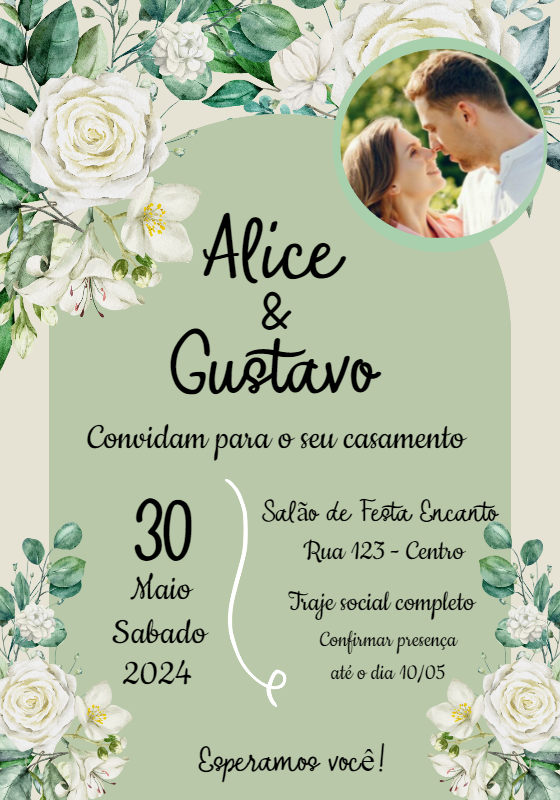 Convite de Casamento Floral Verde com Foto para Editar Convite de Casamento Floral Verde com Foto para Editar