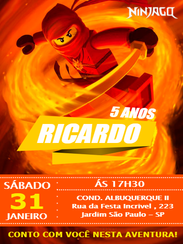Convite de Aniversário Tema NinjaGo para Editar e Personalizar