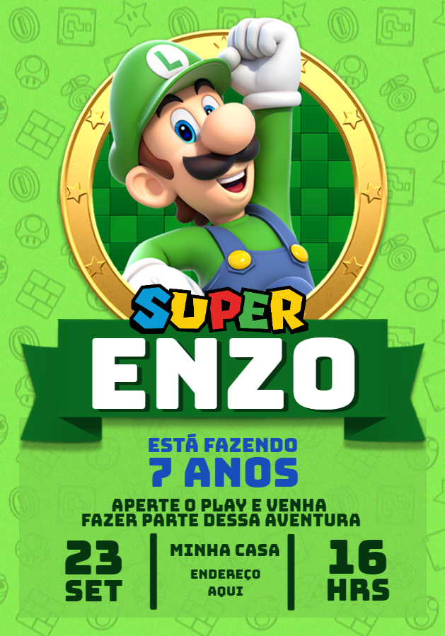 Convite de Aniversário Luigi Super Mario para Editar Online Convite de Aniversário Luigi Super Mario para Editar Online