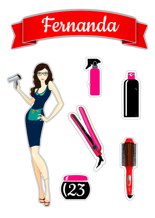 Topo de Bolo Cabeleireira com Elementos para Editar e Imprimir Topo de Bolo Cabeleireira com Elementos para Editar e Imprimir