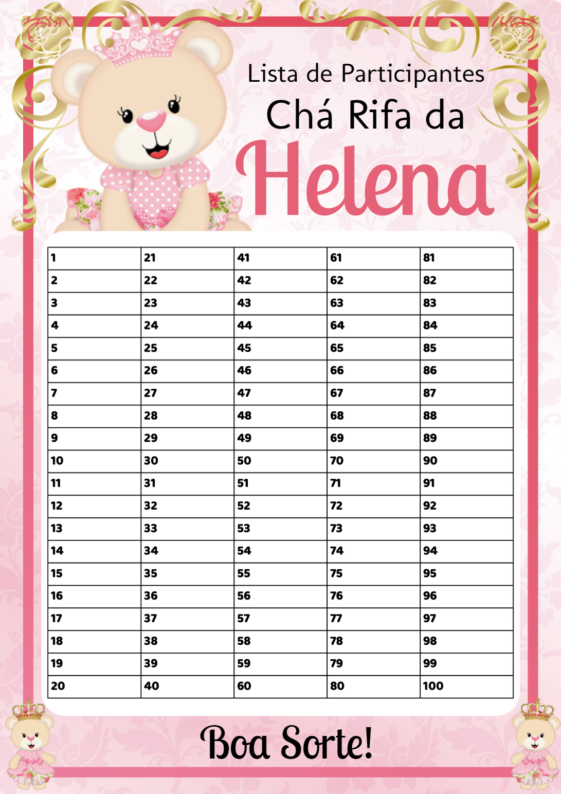 Rifa Chá de Bebê Ursinha Princesa para Editar Online Rifa Chá de Bebê Ursinha Princesa para Editar Online