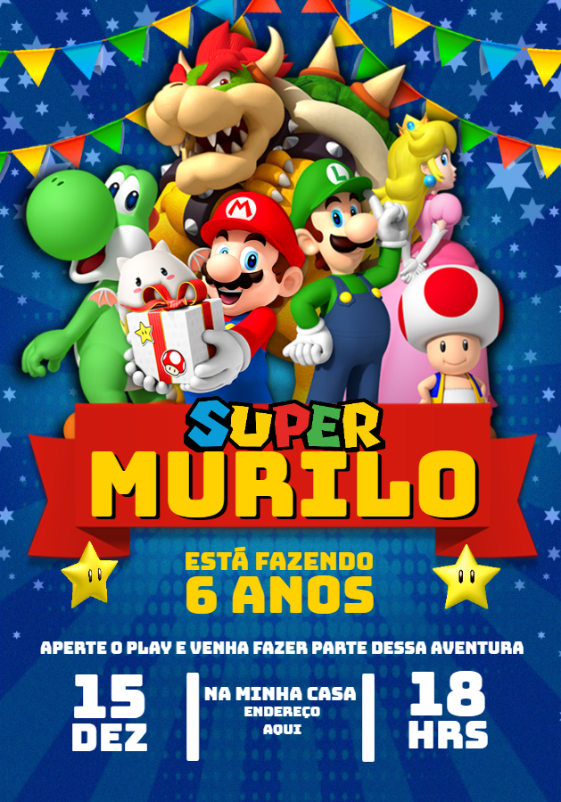 Convite de Aniversário Super Mario Bros para Editar e Imprimir Convite de Aniversário Super Mario Bros para Editar e Imprimir