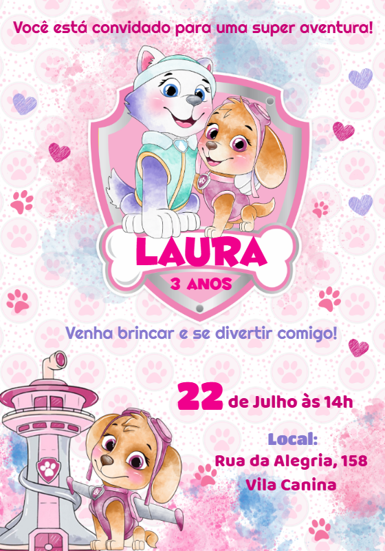 Convite de Aniversário Patrulha Canina Menina para Editar Convite de Aniversário Patrulha Canina Menina para Editar