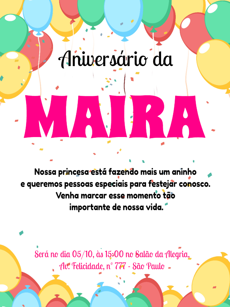 Convite de Aniversário com Balões Coloridos para Editar Online Convite de Aniversário com Balões Coloridos para Editar Online